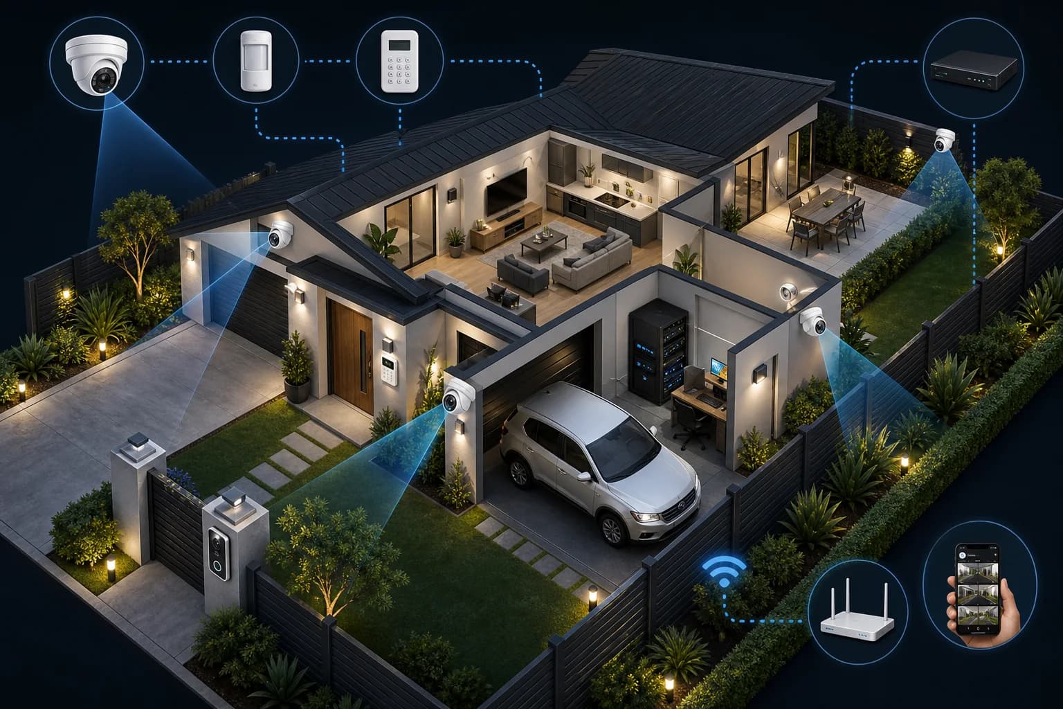 Isometric infographic of a secured home with CCTV cameras, intercom, alarm, recorder, network equipment, and phone viewing
