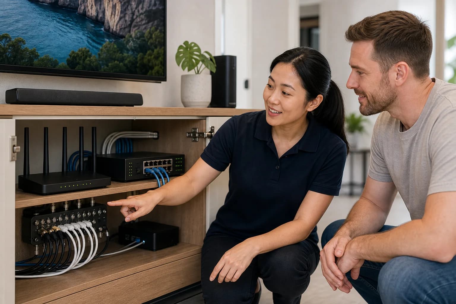 Technician reviewing network and TV equipment with a customer