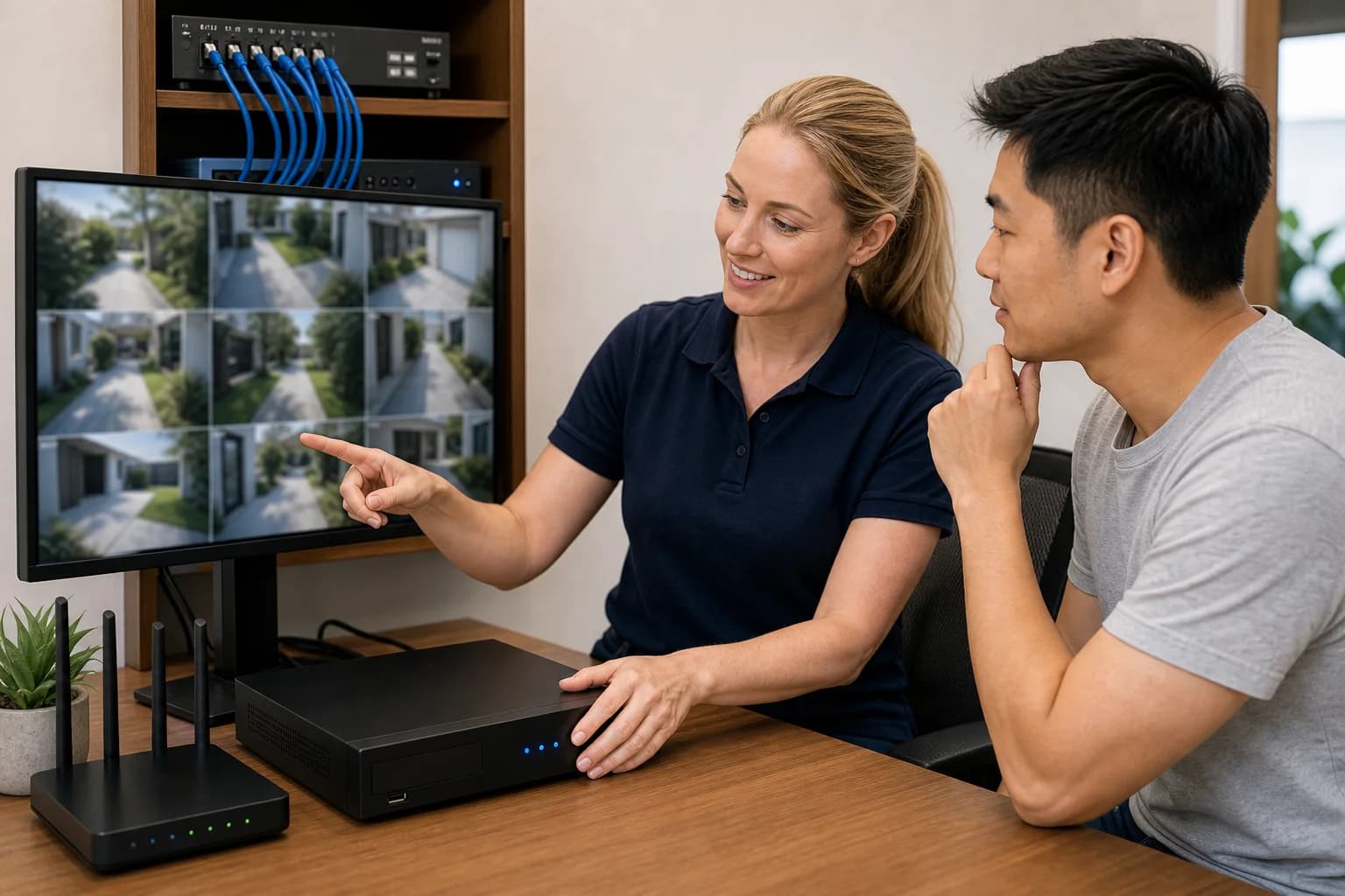 Technician showing a customer CCTV recorder and camera playback screens