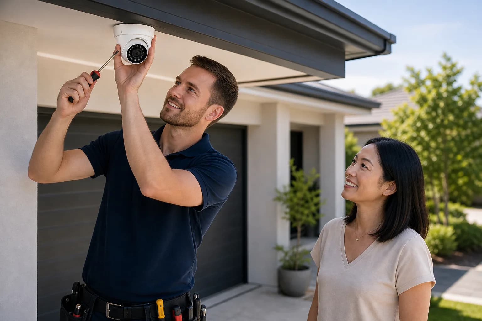 Technician installing a turret security camera outside a Brisbane home